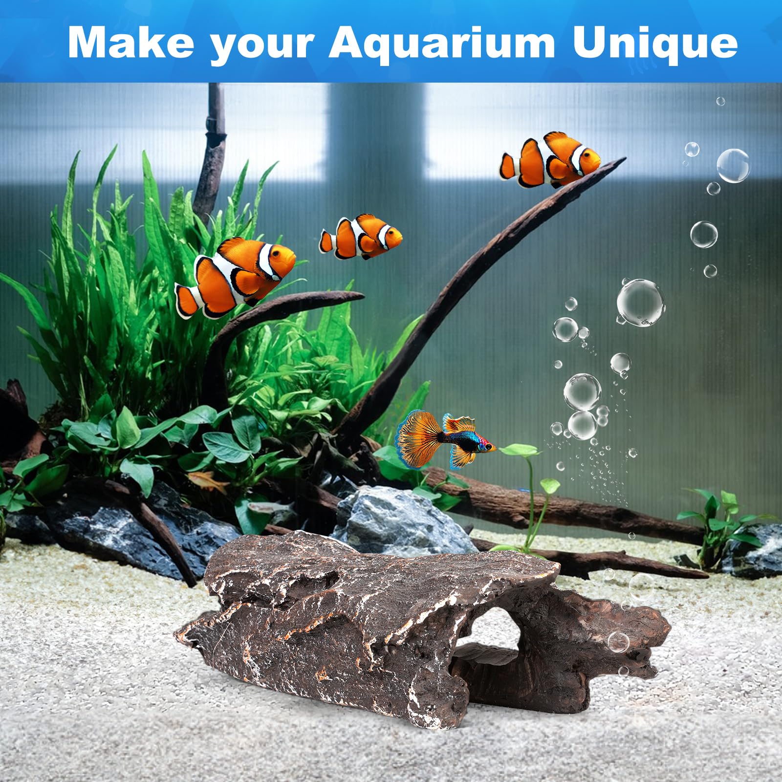 TRUVIC aquarium cave decor with flat base stays stable on substrate.