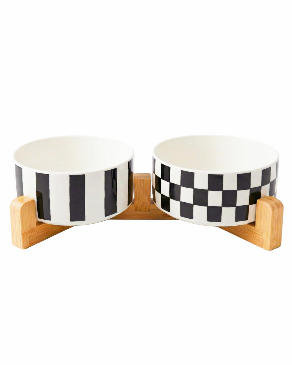 TRUVIC ceramic dog bowl with checkerboard pattern for easy food and water distinction.