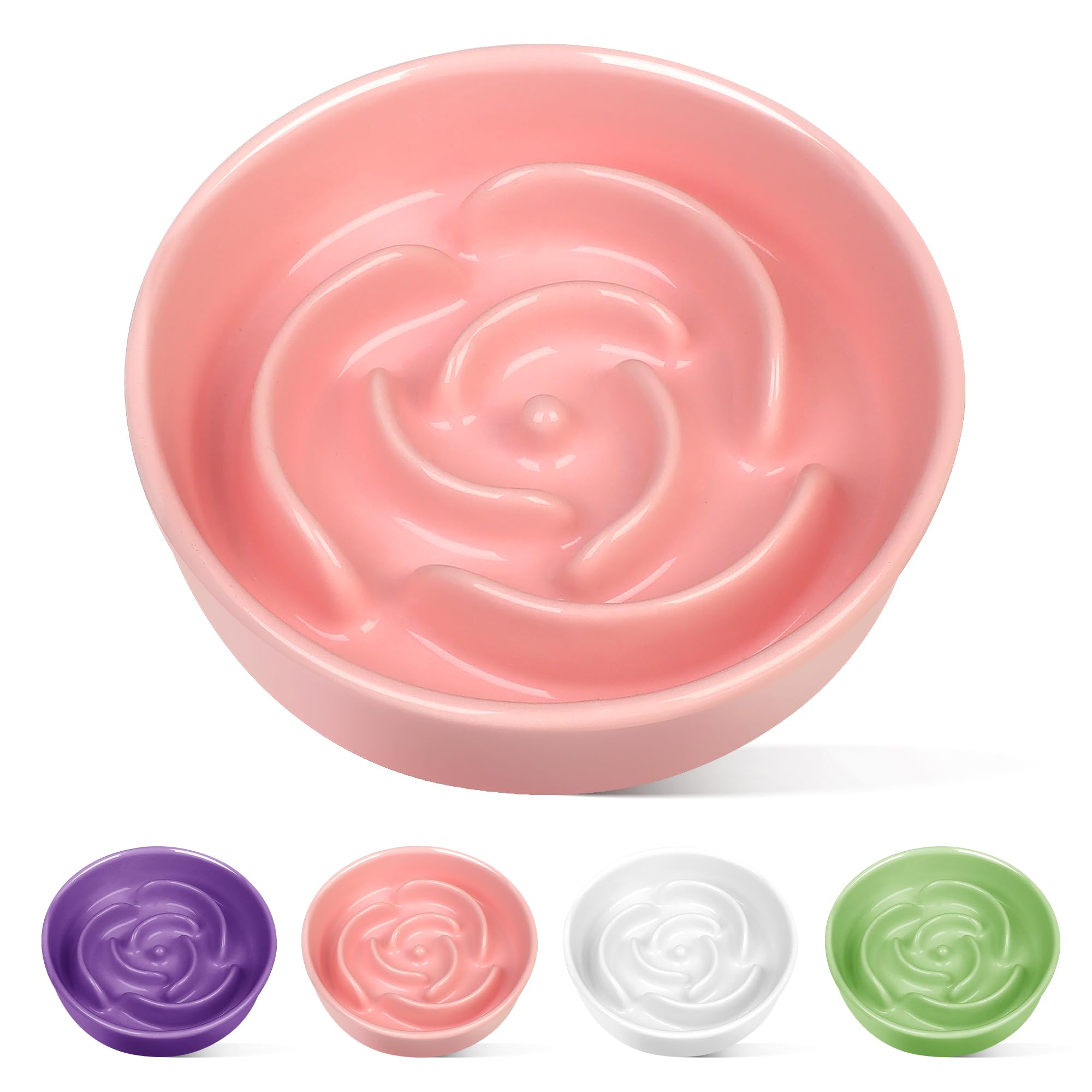 TRUVIC pink ceramic slow feeder dog bowl slows meals for small dogs.