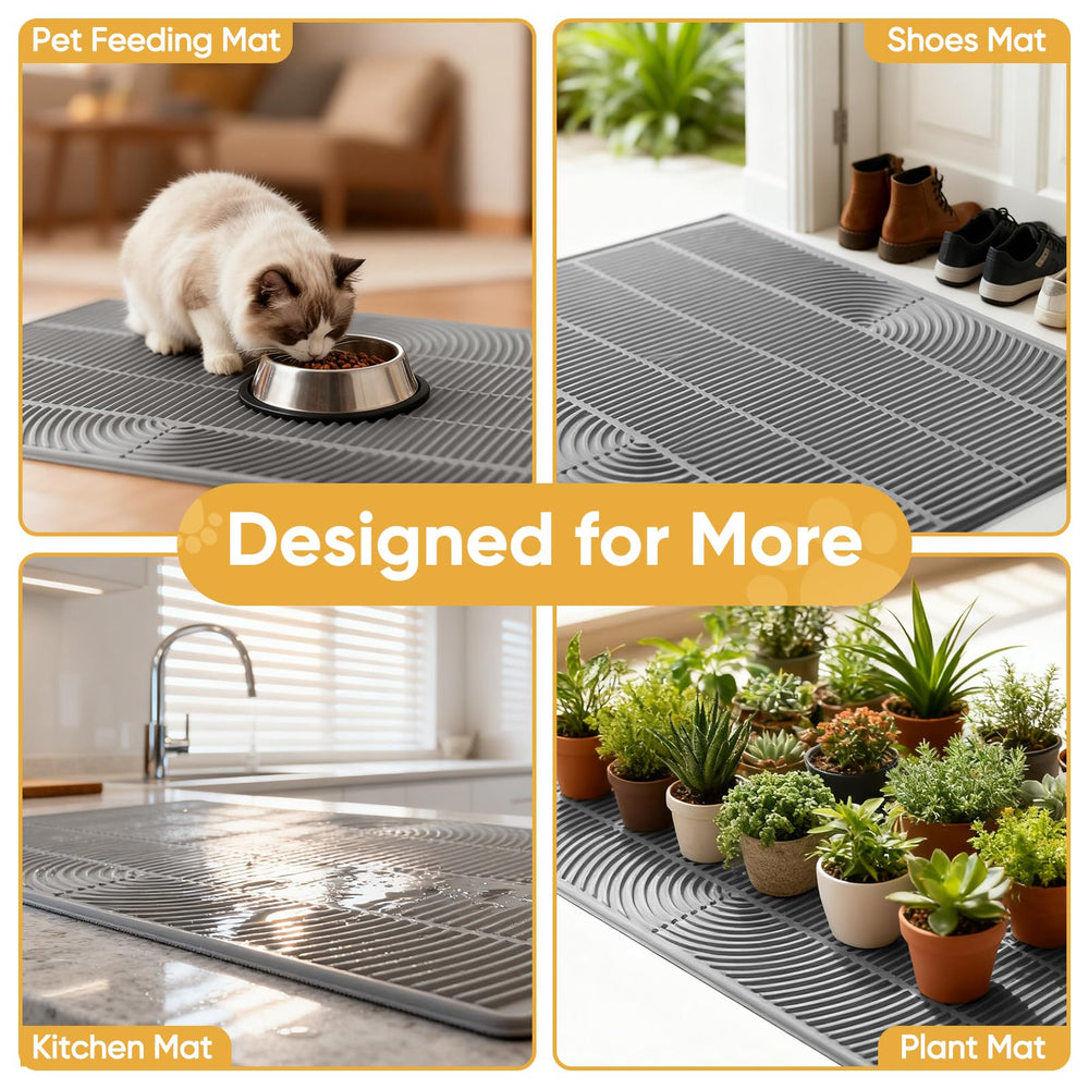 TRZZ gray litter mat blends with home decor and hides dust