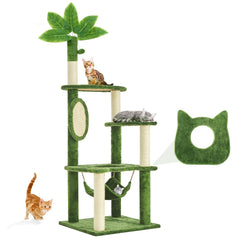 TSCOMON 61-inch cat tree with green leaves boosts climbing fun and vantage points.