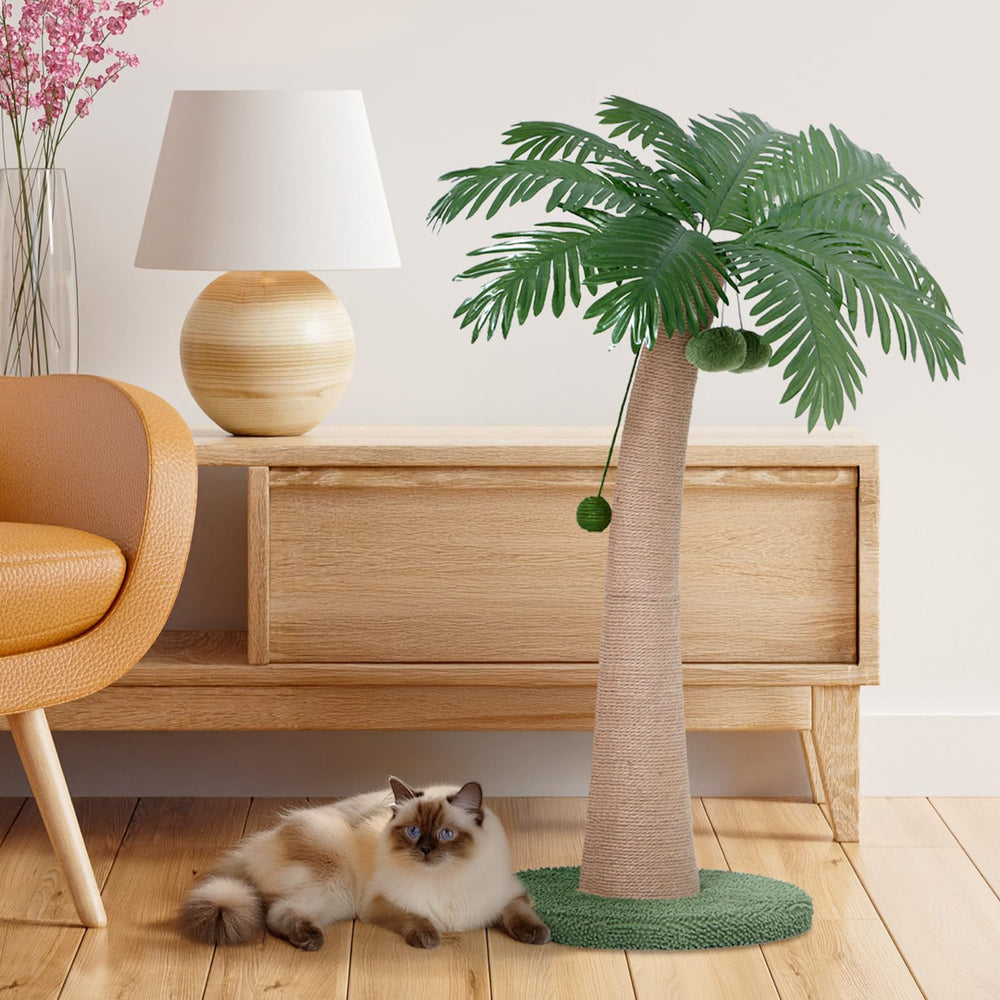 Indoor cat furniture with a coconut-tree design