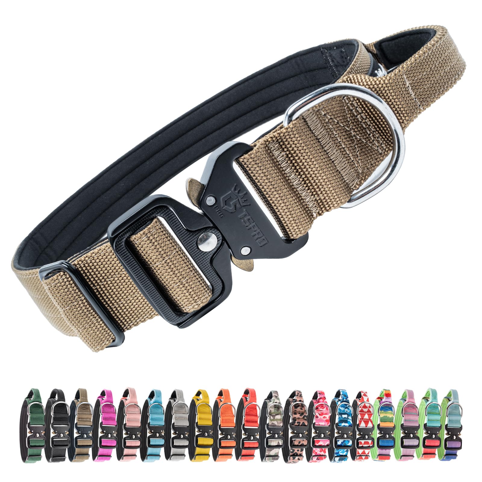 TSPRO Premium Tactical Dog Collar with handle in khaki for controlled walks.