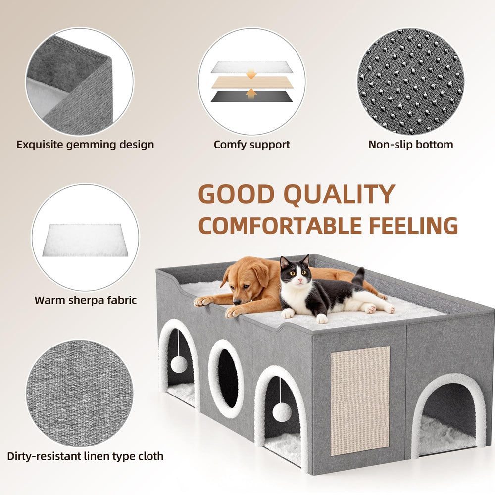 TSYPAIRS cat house sisal scratching board provides a durable outlet to scratch and stretch.