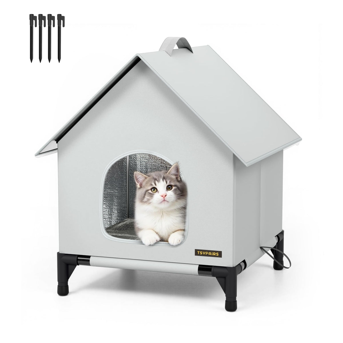 TSYPAIRS outdoor cat house front view, a weatherproof shelter for year-round use.