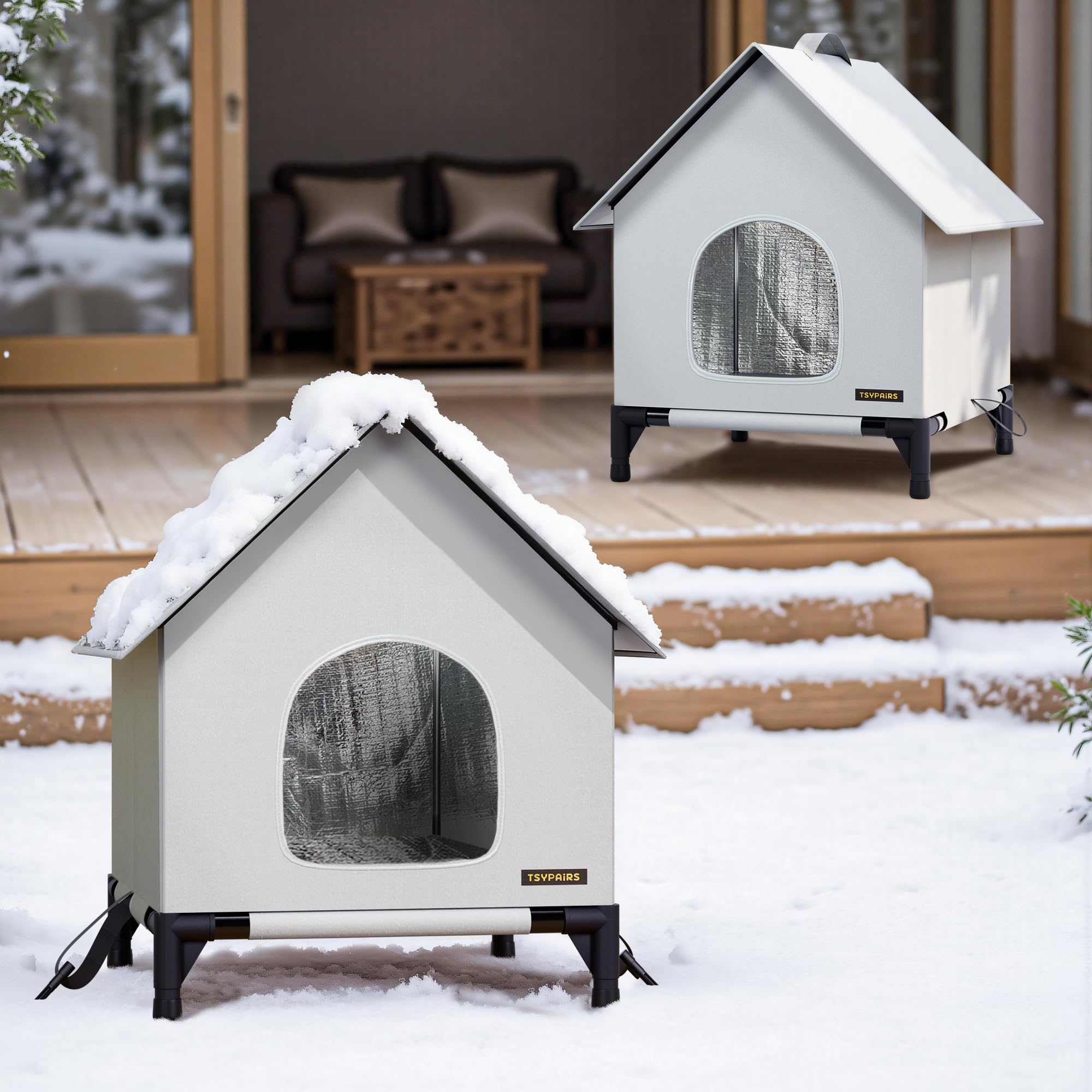 TSYPAIRS weatherproof cat shelter in use beside garden or porch.