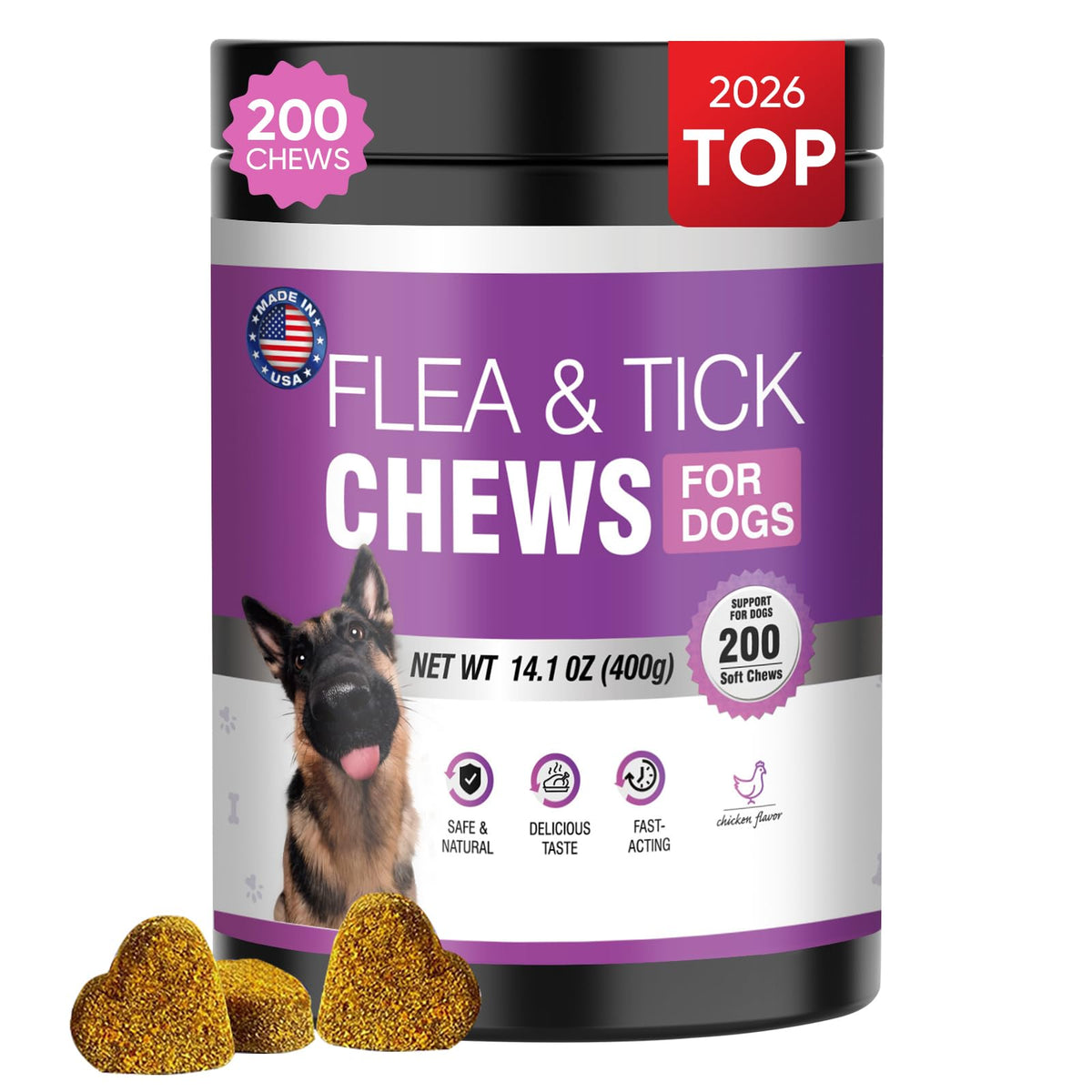 TTLXBL dog flea tick chews bottle with 200-count packaging for easy pest protection.