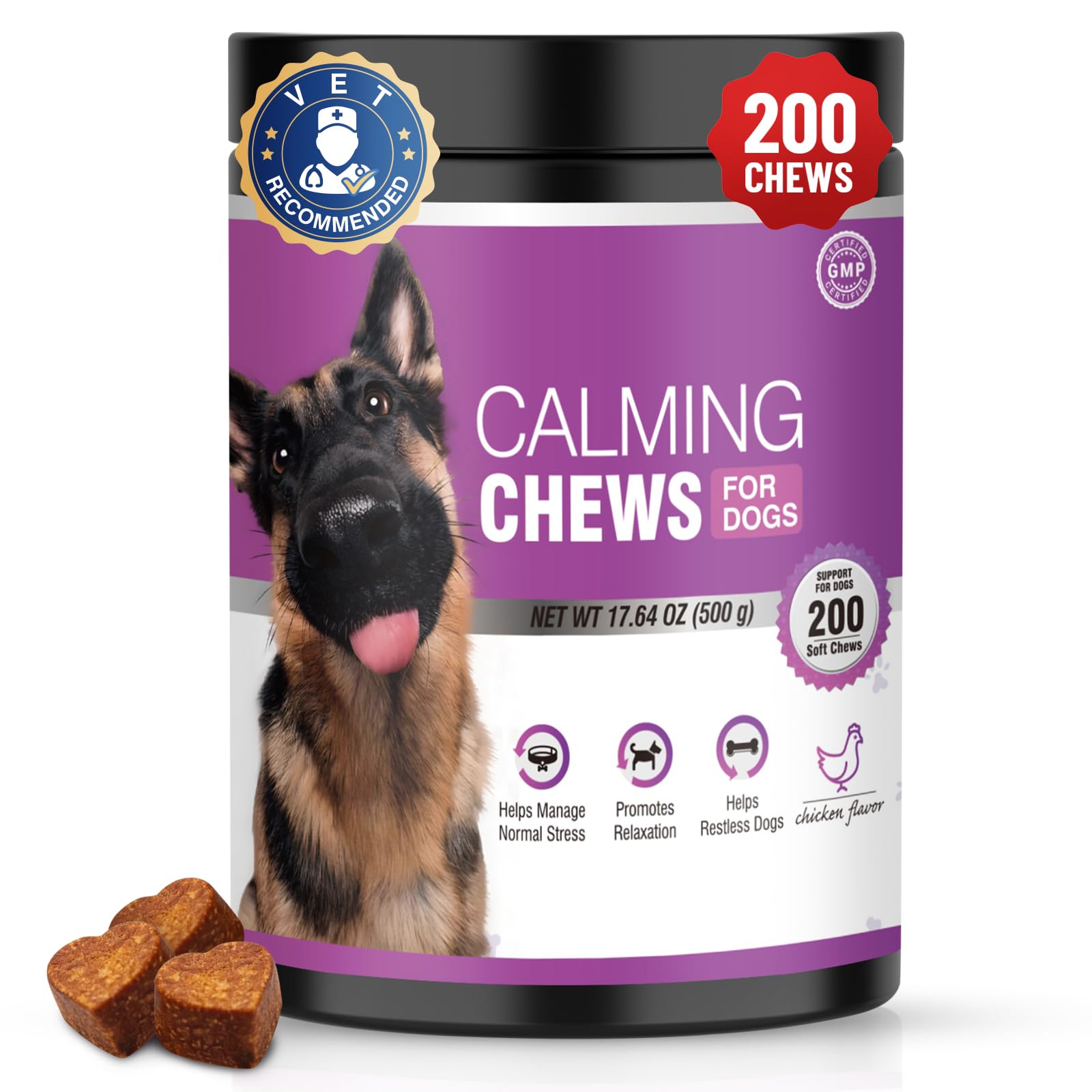 TTLXRL Calming Chews bottle front view helps anxious dogs during noisy events