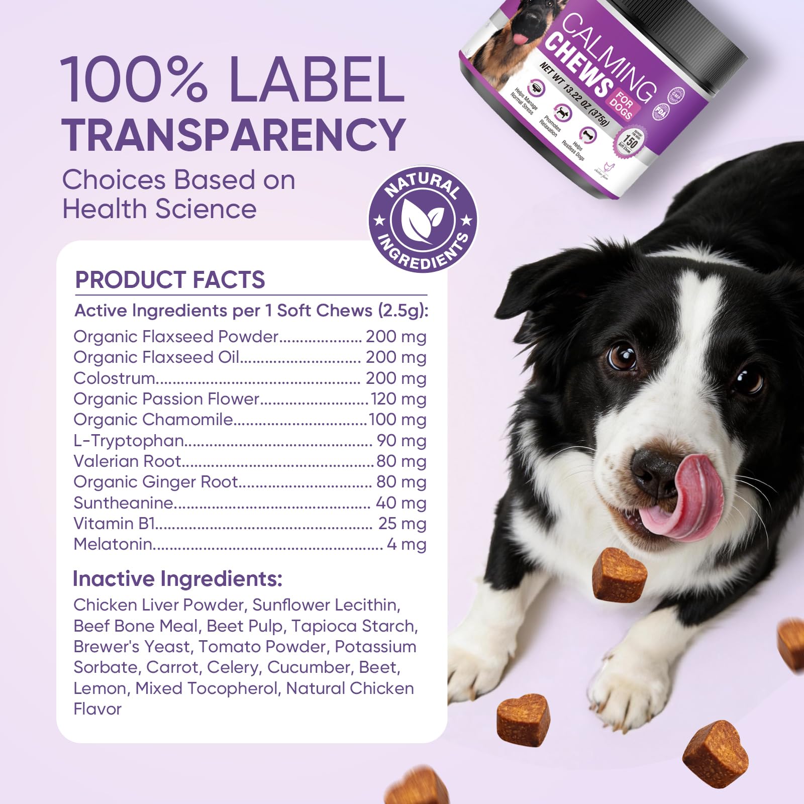 TTLXRL Calming Chews dosage guide visual helps adjust for dog size.
