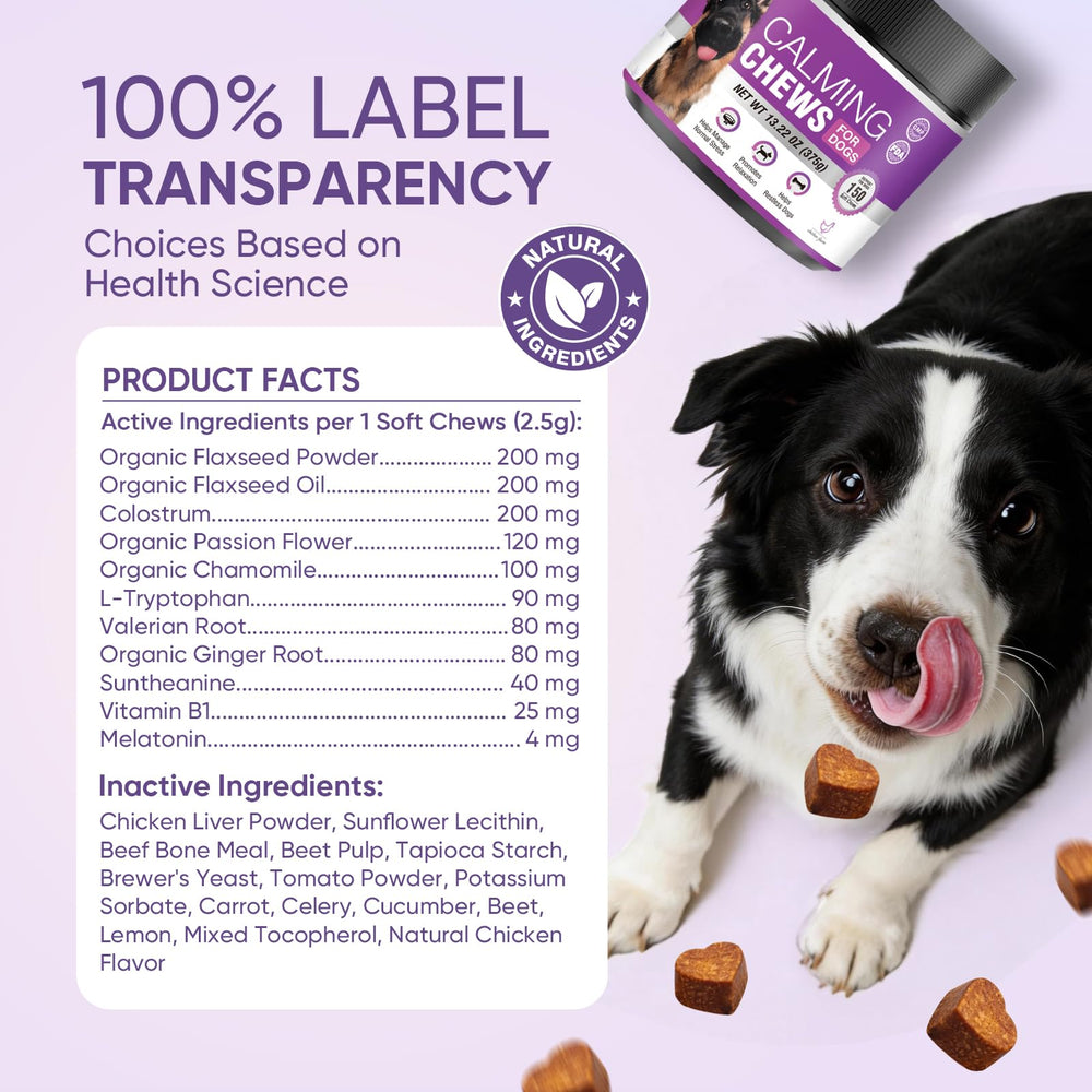 TTLXRL Calming Chews dosage guide visual helps adjust for dog size.