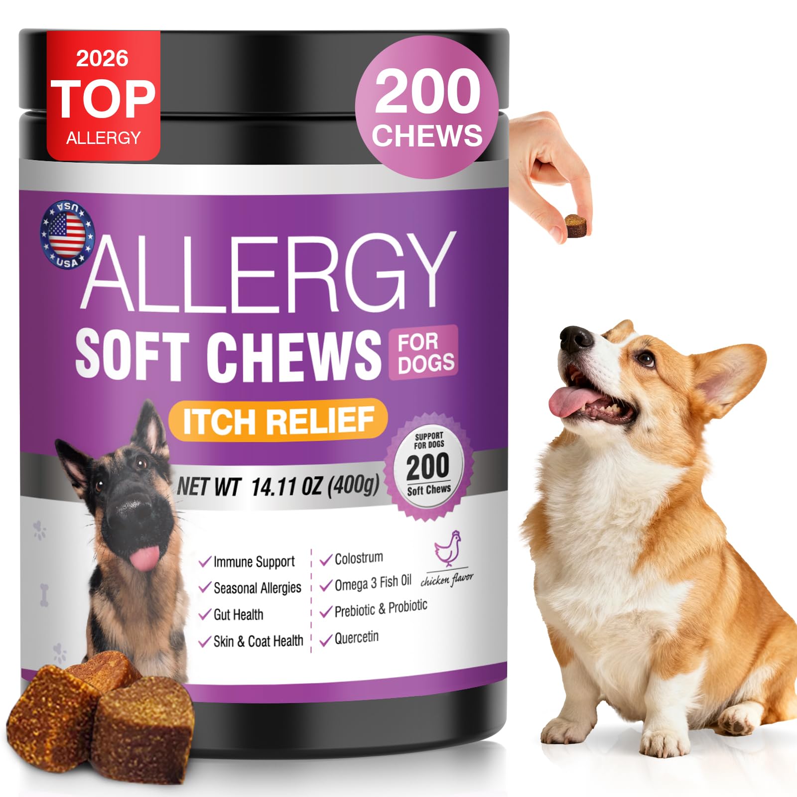 TTLXRL Dog Allergy Chews bottle shows skin and immune support.