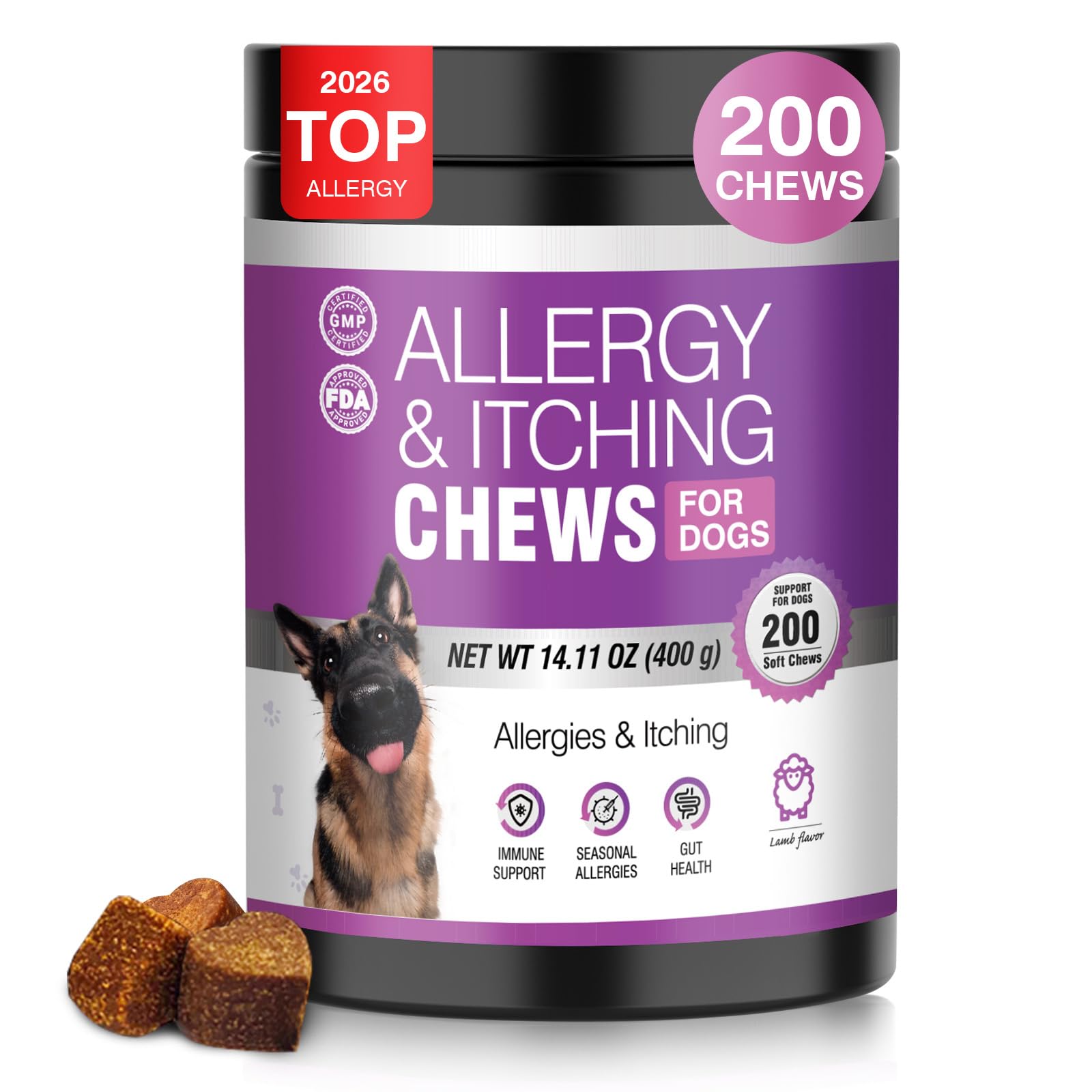 TTLXRL Dog Allergy Chews bottle for easy dosing and itch relief.