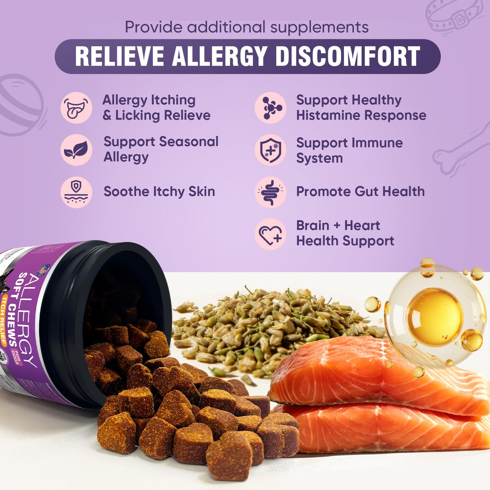 TTLXRL Dog Allergy Chews jar closeup highlights omega-3 rich formula.
