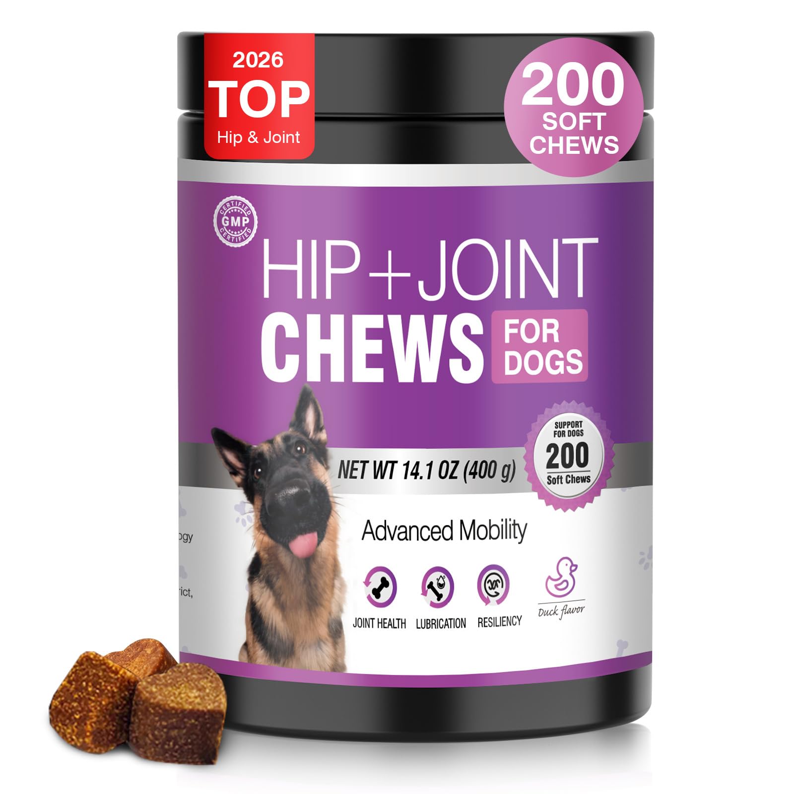 TTLXRL Glucosamine for Dogs bottle with duck-flavored chews for joint support.