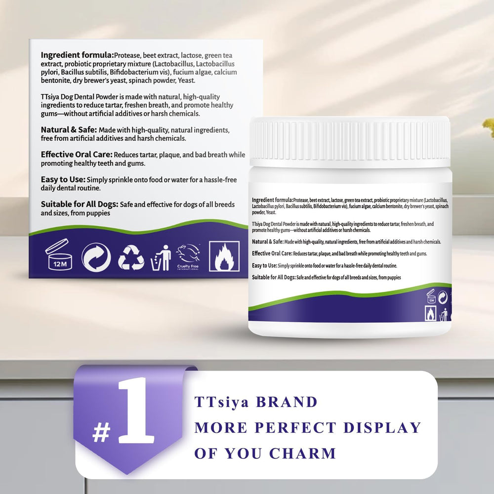TTsiya dental powder for all breeds promotes oral hygiene.