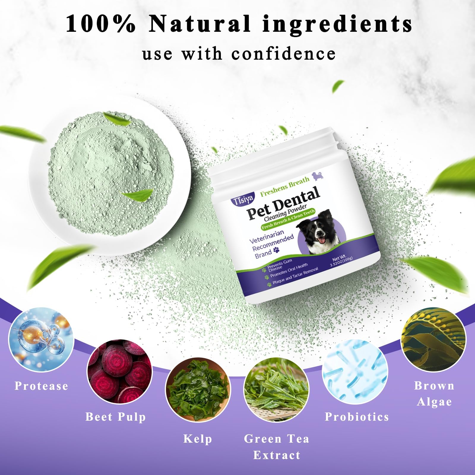 TTsiya dental powder being poured into dog food for fresh breath.