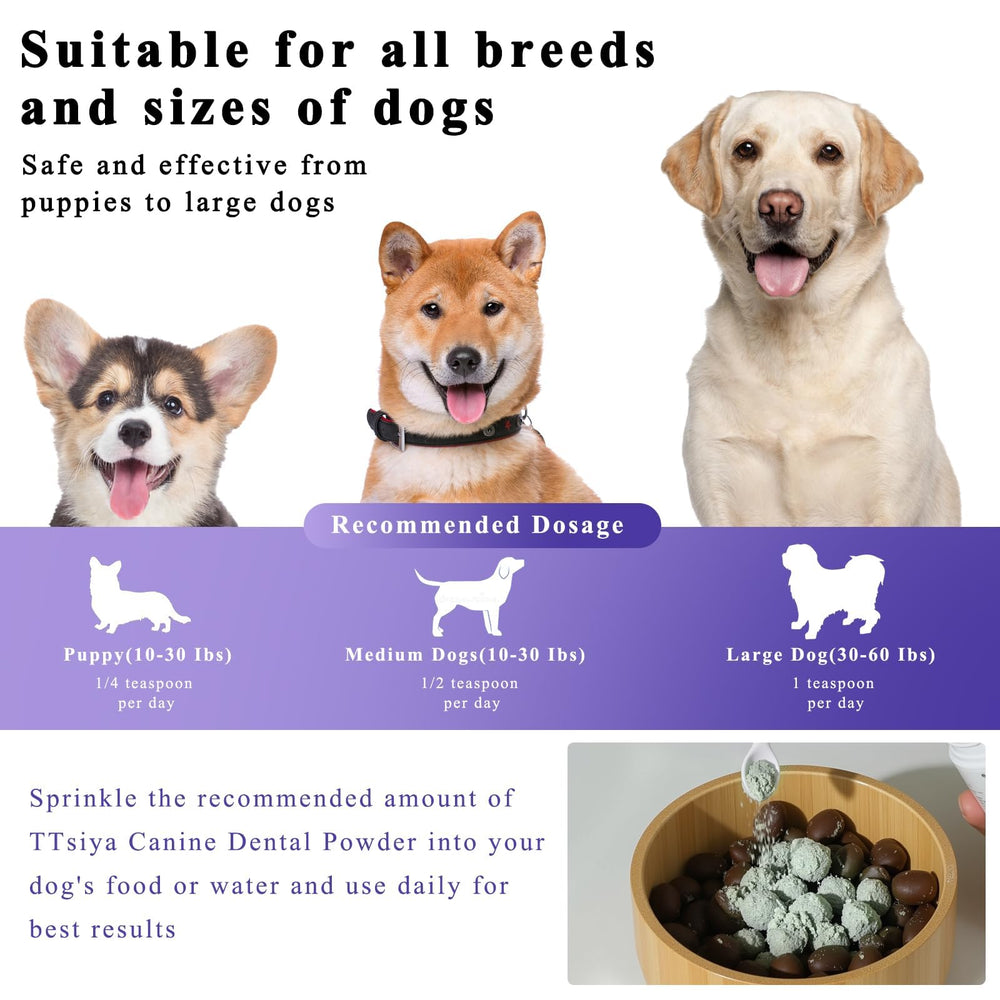 TTsiya dog dental powder green formula close-up emphasizes probiotics.