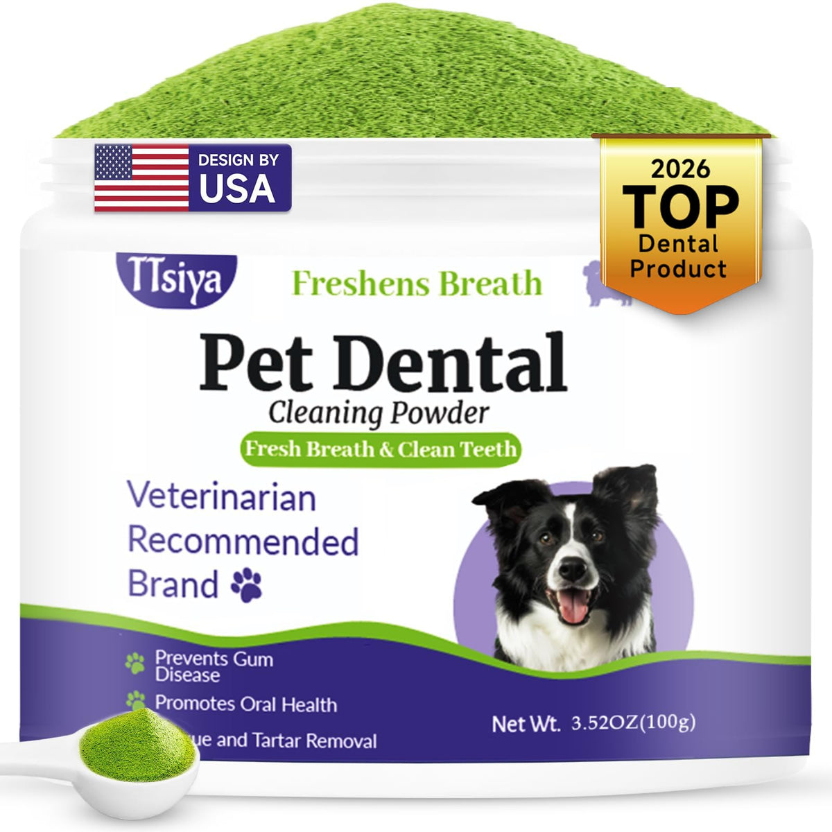 TTsiya dog dental powder packaging highlights natural ingredients for oral care.