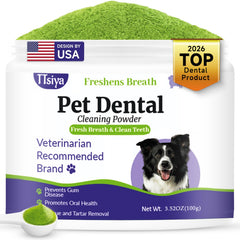 TTsiya dog dental powder packaging highlights natural ingredients for oral care.