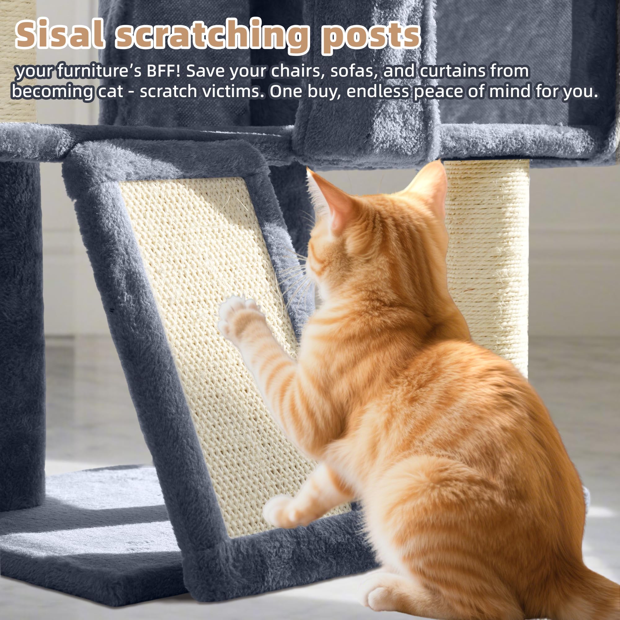 Tuaoeef cat tree lounging platforms give cats elevated observation points.