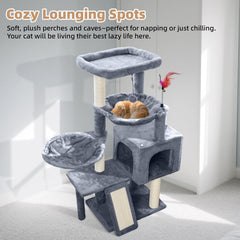 Tuaoeef cat tree scratching pads provide durable surfaces for scratching and exercise.