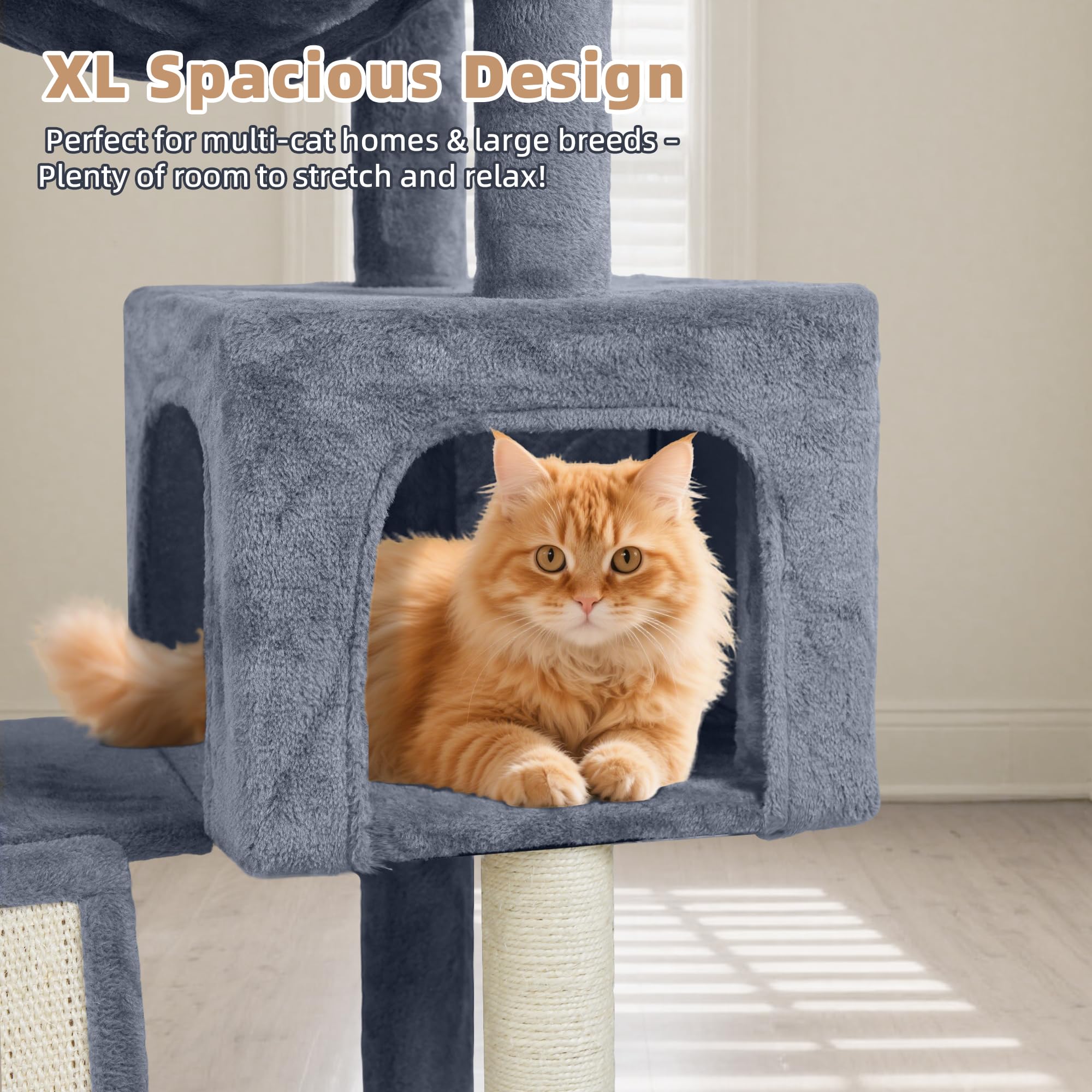 Tuaoeef cat tree includes playful toy balls for interactive fun.