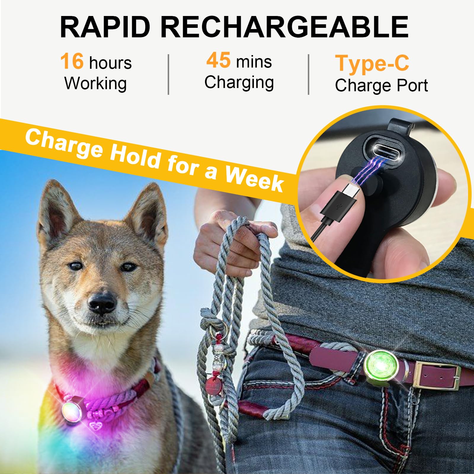 Tubasion IPX6 waterproof dog light with upgraded silicone band on a collar.