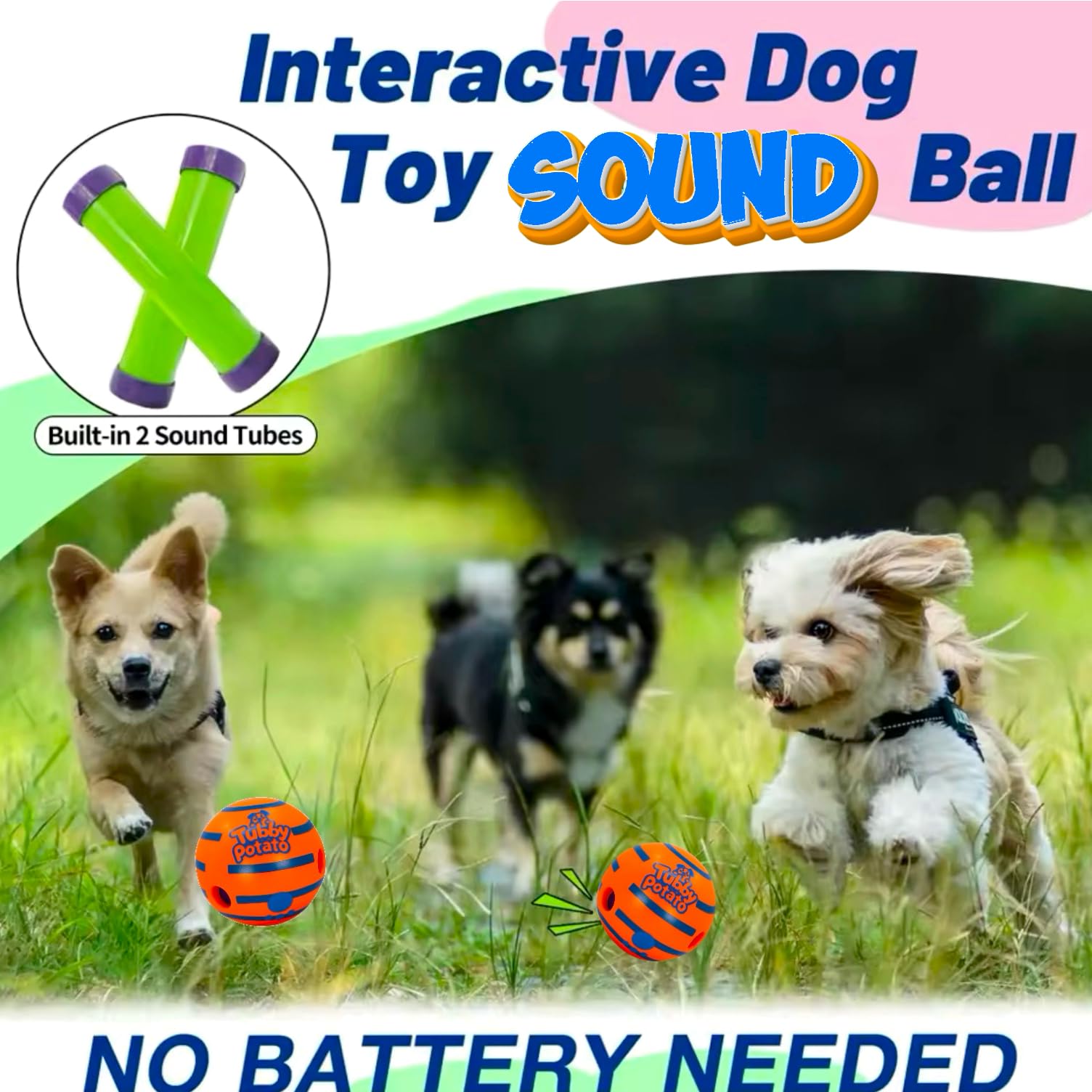 Tubby Potato Tater Tumbler Sound Ball in action spurs fetch with unpredictable tumbles.