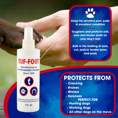 Applying TUF-FOOT on a dog's paw during outdoor activity.