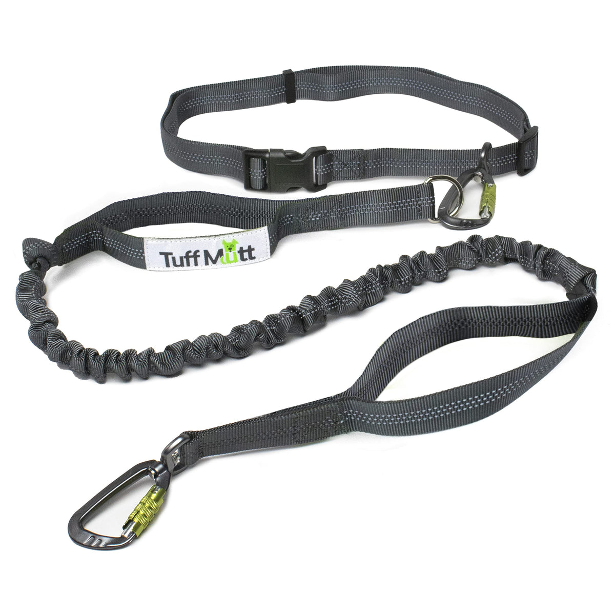 The Tuff Mutt hands-free waist leash clip enables smooth sliding for versatile movement.