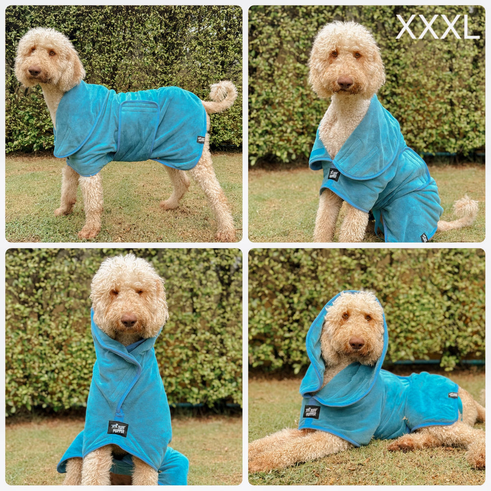 Adjustable belly strap secures fit on a dog wearing the robe