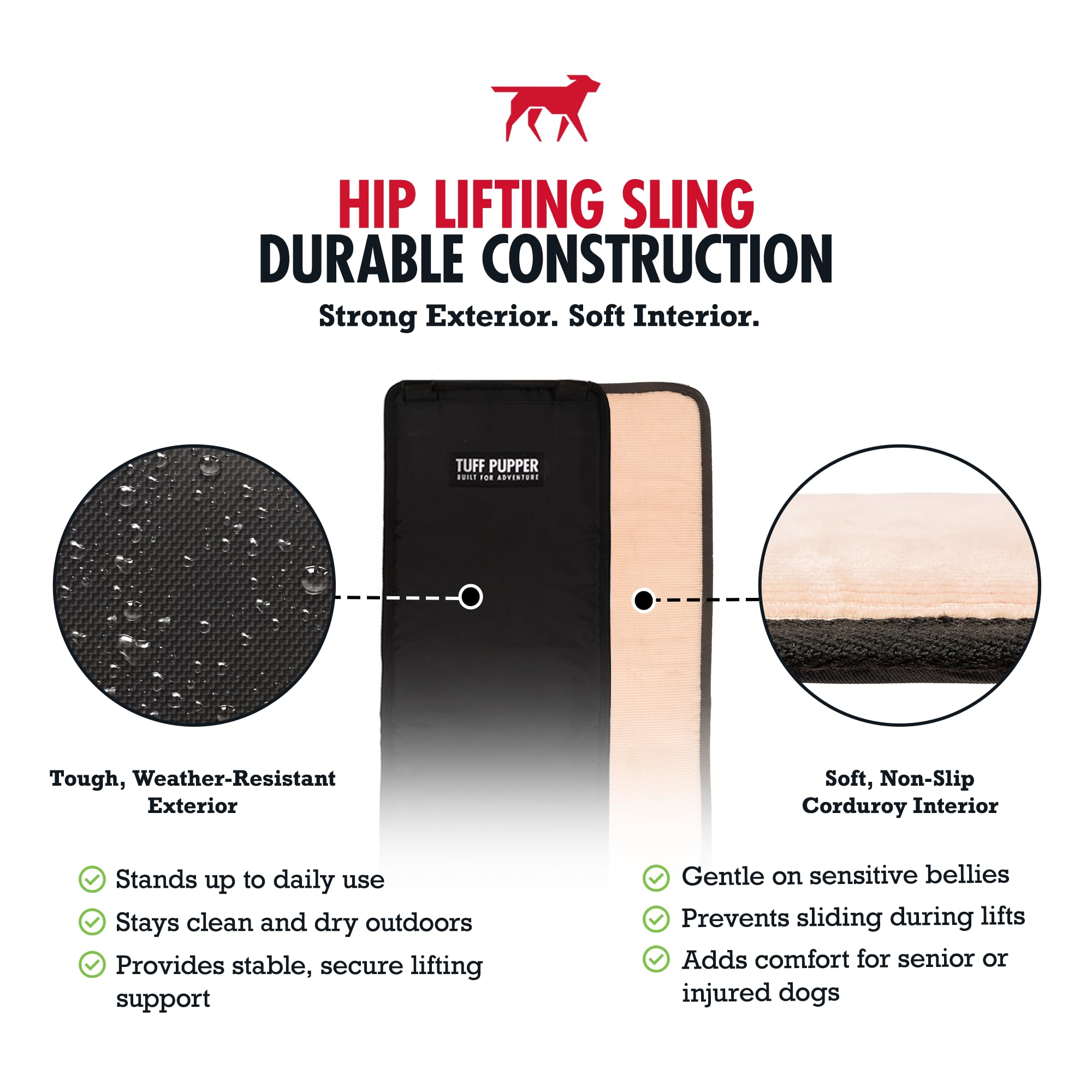 Adjustable length fits wide-bodied dogs for balanced support.