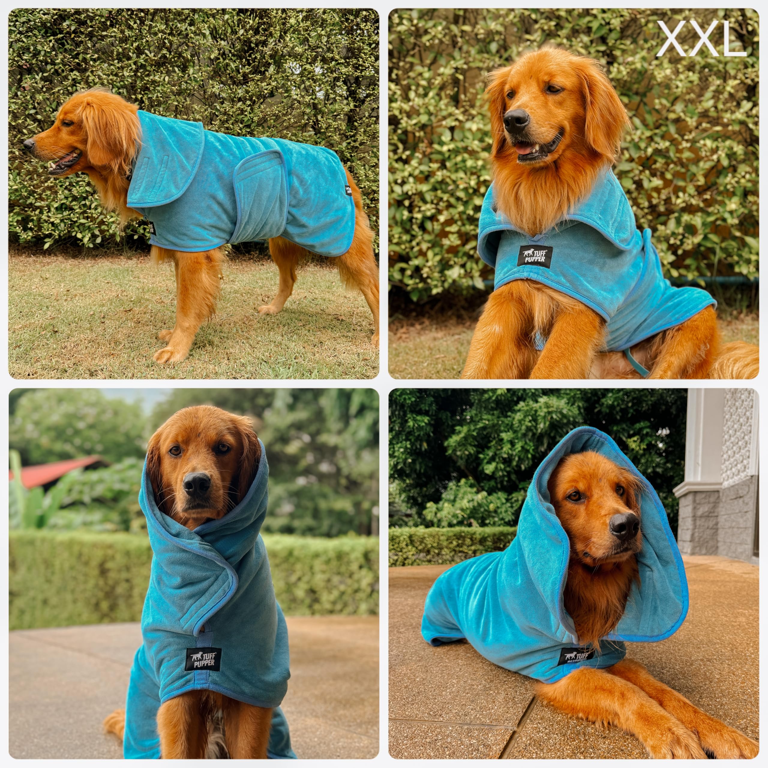 Tuff Pupper robe with elastic leg straps stays centered during use.