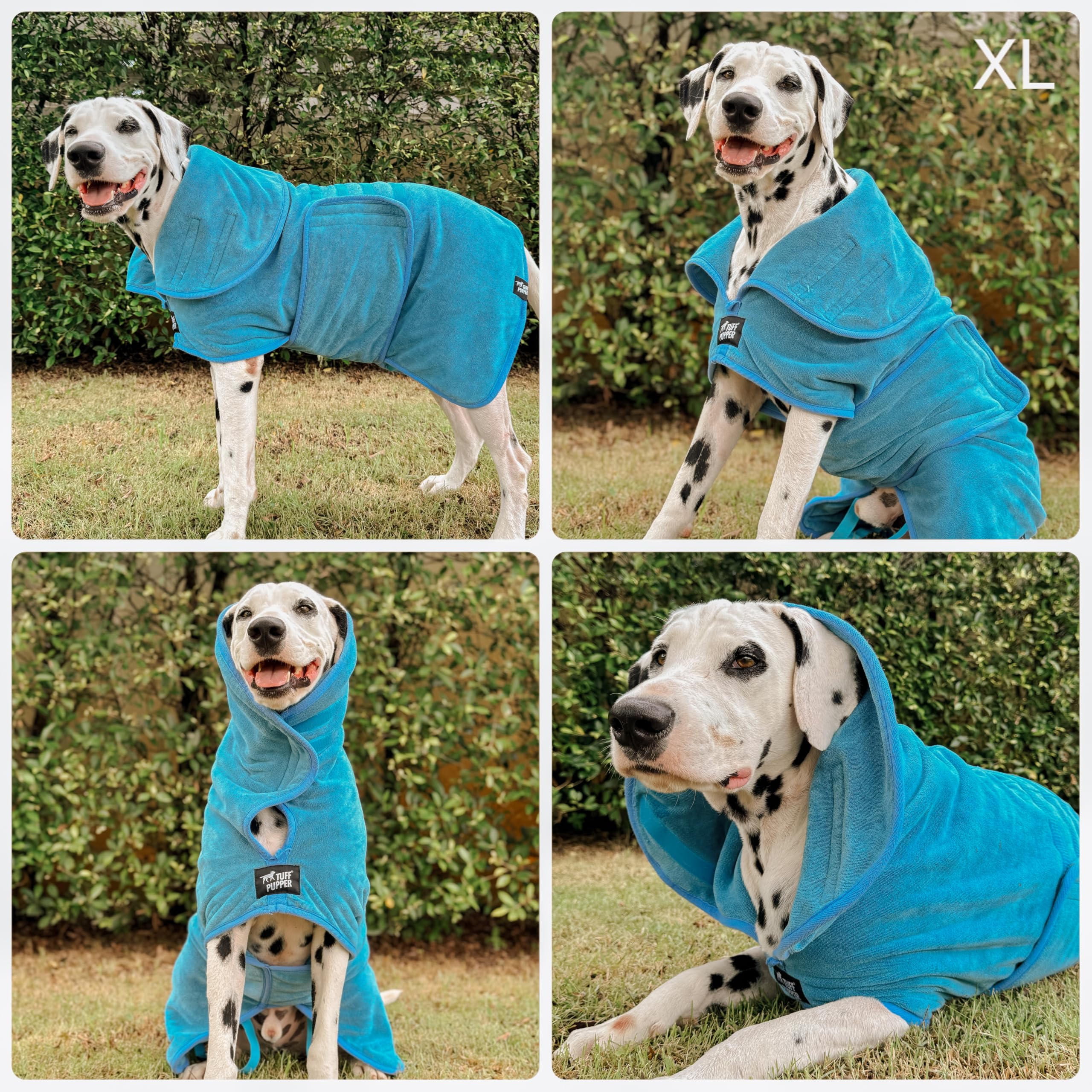 Tuff Pupper elastic leg straps keep robe secure during wriggling