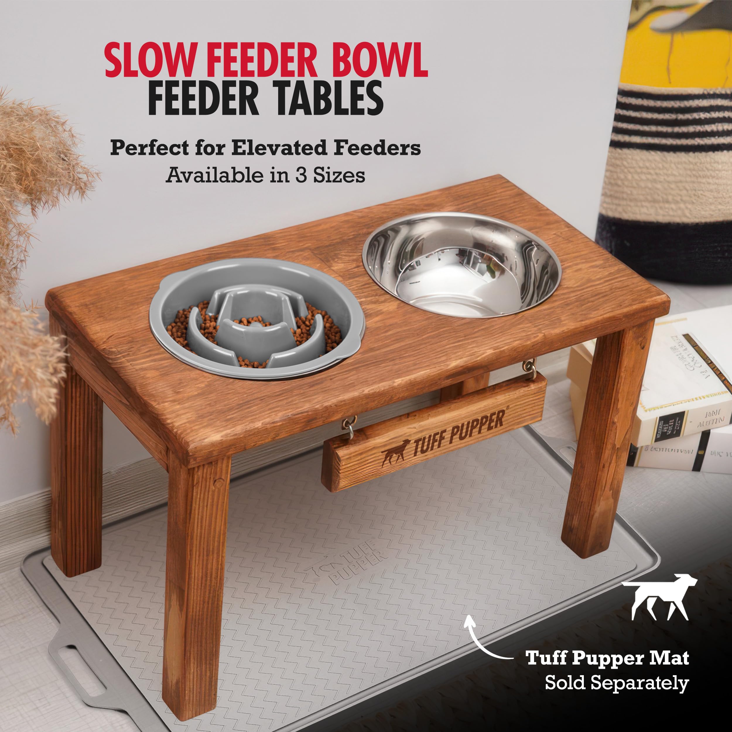 Tuff Pupper insert fits elevated feeding trays for an ergonomic dining setup.