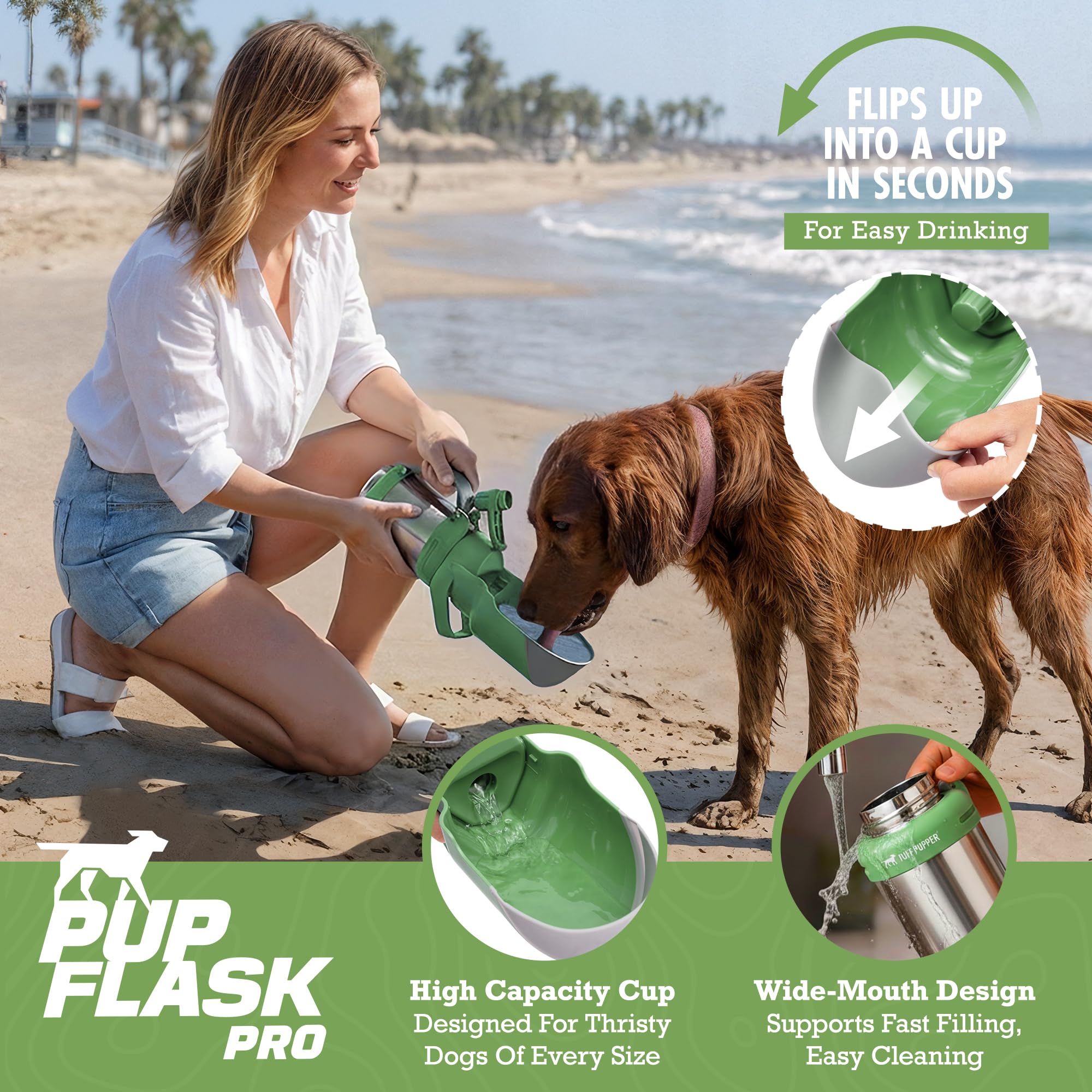 PupFlask Pro bottle in use with flip cup for fast hydration on hikes
