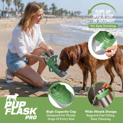 PupFlask Pro bottle in use with flip cup for fast hydration on hikes
