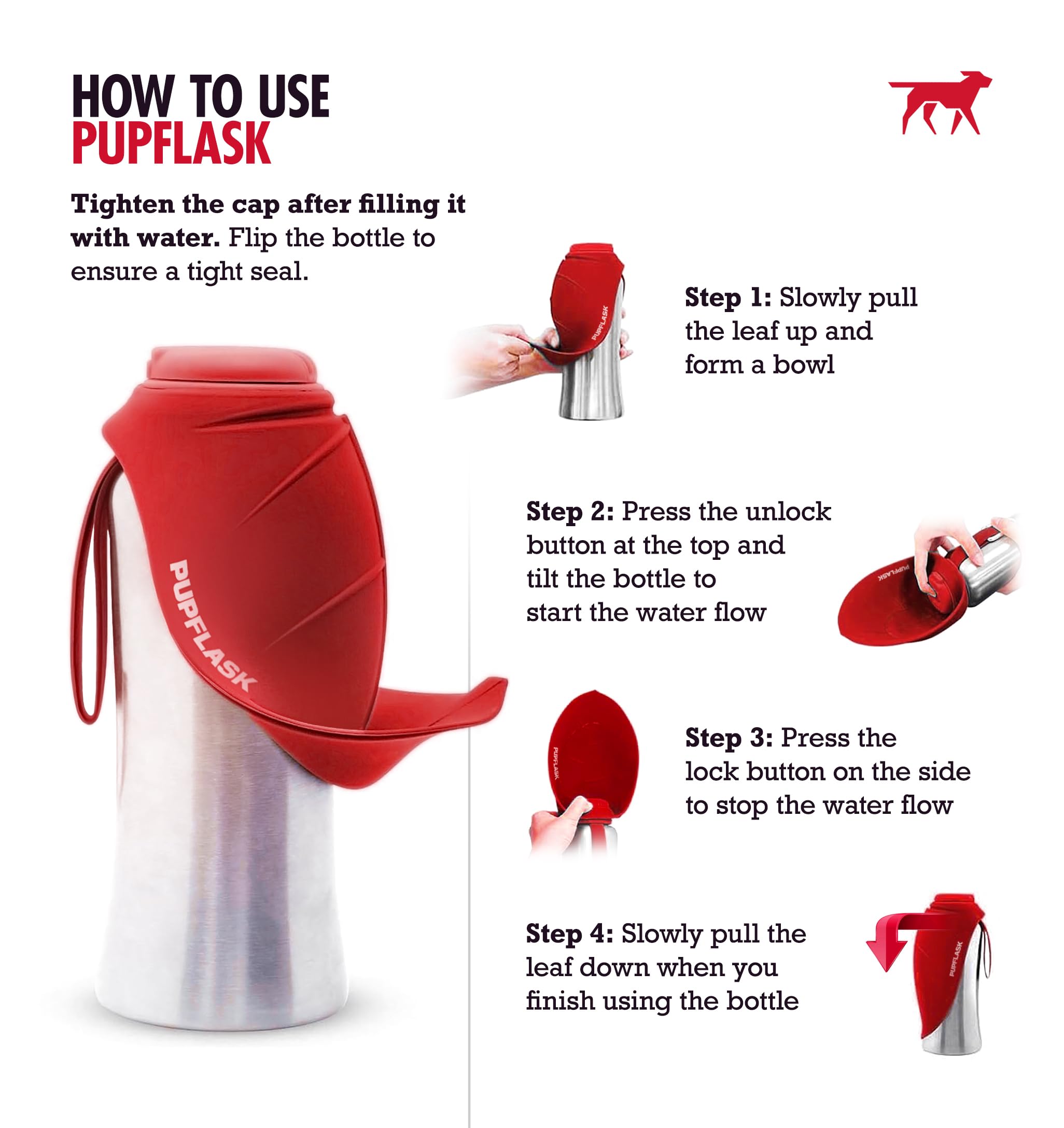 Tuff Pupper PupFlask silicone top flip allows quick drinking without spills.