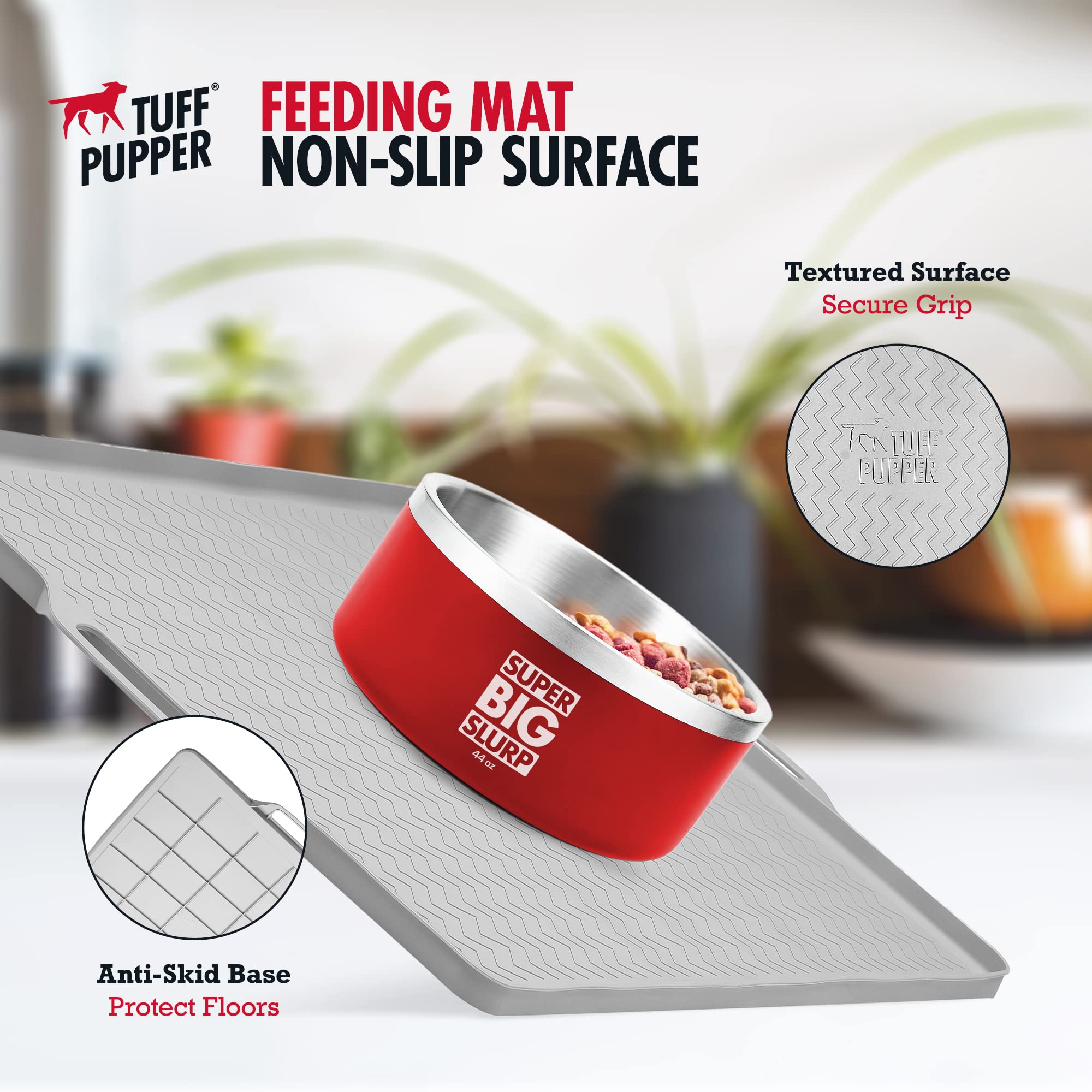 Tuff Pupper raised edges contain kibble and water within the mat.