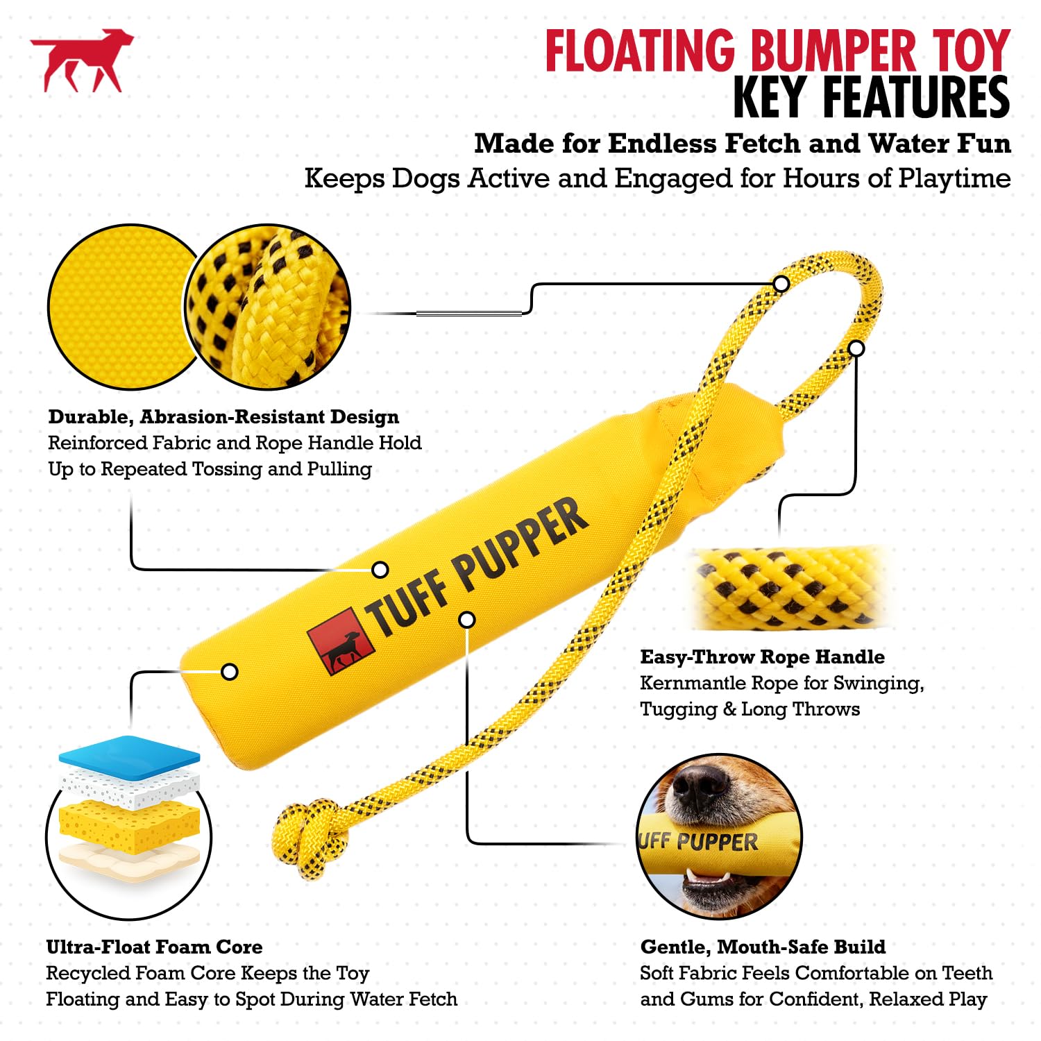 Tuff Pupper soft foam retrieve toy stays visible above water for quick spotting.