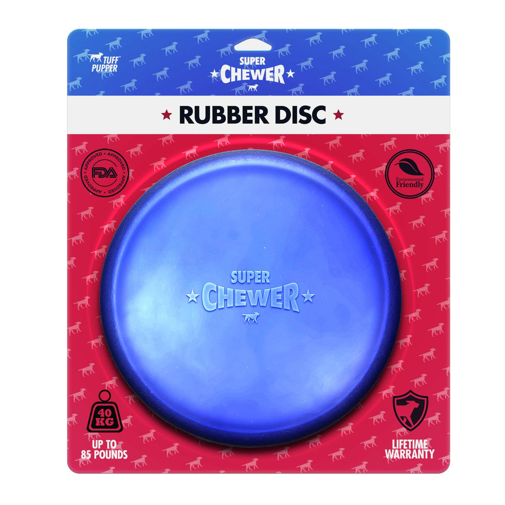 Tuff Pupper SuperChewer blue high-contrast disc stands out in grass for easy spotting.