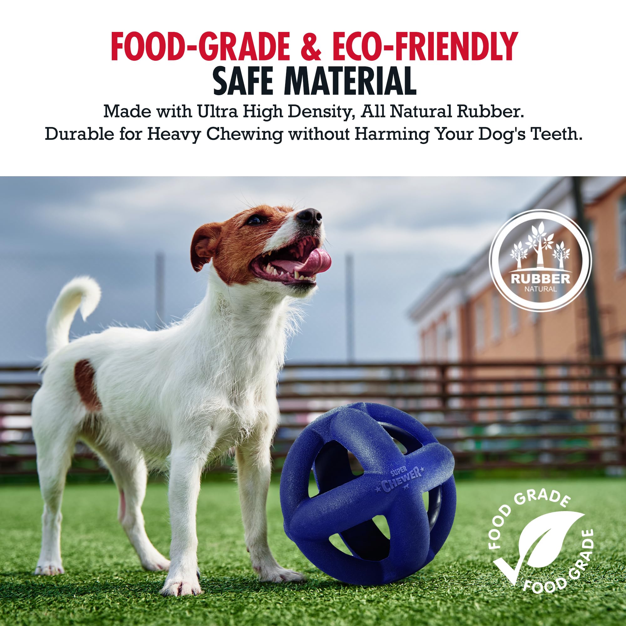 Closeup of durable natural rubber texture on the SuperChewer cage ball for aggressive chewers