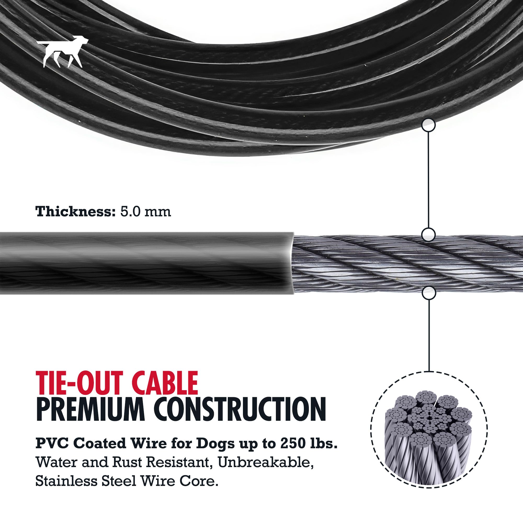 Tuff Pupper PVC coated cable resists rain and rust for outdoor use.