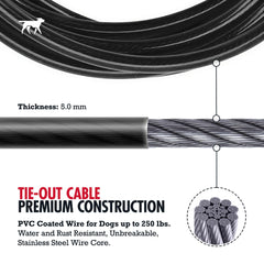 Tuff Pupper PVC coated cable resists rain and rust for outdoor use.