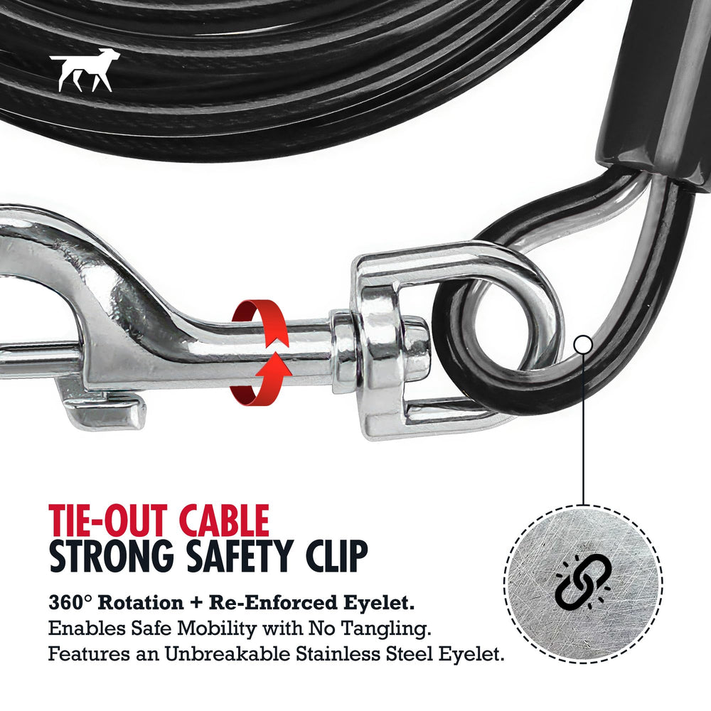 Tuff Pupper waterproof and rust-resistant tie-out cable for all-weather outdoor use.