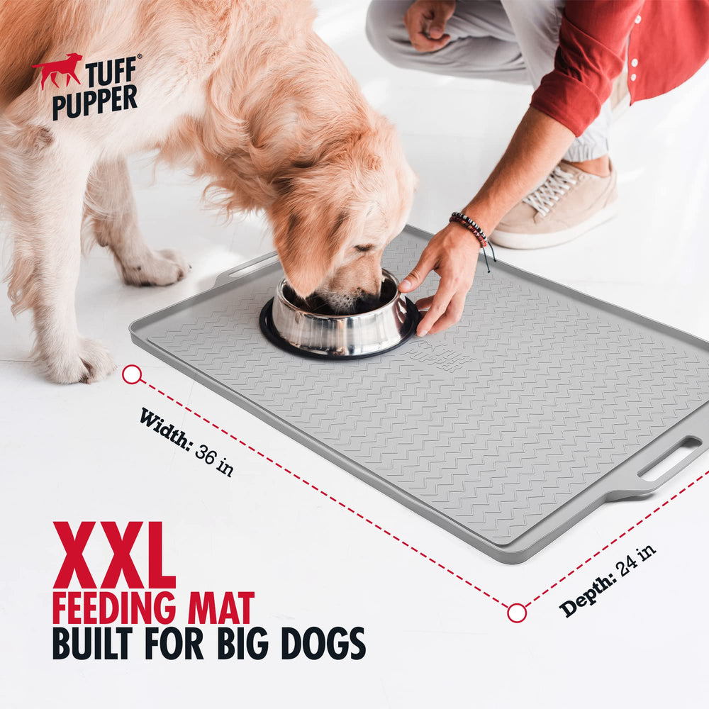 Tuff Pupper waterproof silicone mat protects floors during meals and water breaks.