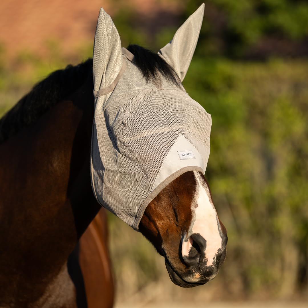 TUFFTEQ horse fly mask with ears visor shields eyes and reduces glare during turnout