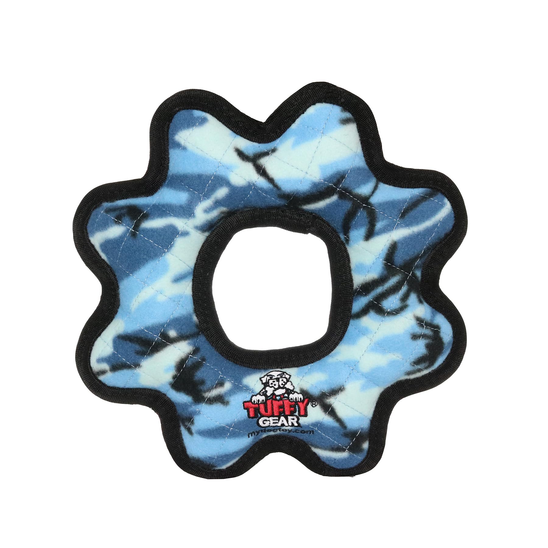 TUFFY World’s Tuffest soft toy gear ring camo blue with squeaker for interactive play.