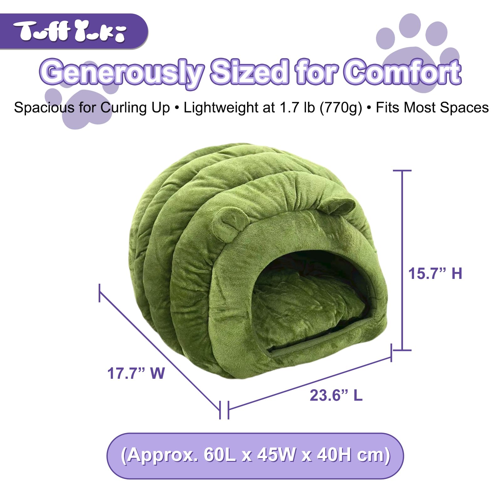 TUFFYUKI Luxe Green Jumbo Caterpillar Cat Cave cat in den demonstrates secure lounging.