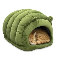 TUFFYUKI Luxe Green Jumbo Caterpillar Cat Cave front view offers a cozy den for up to 15 lbs.